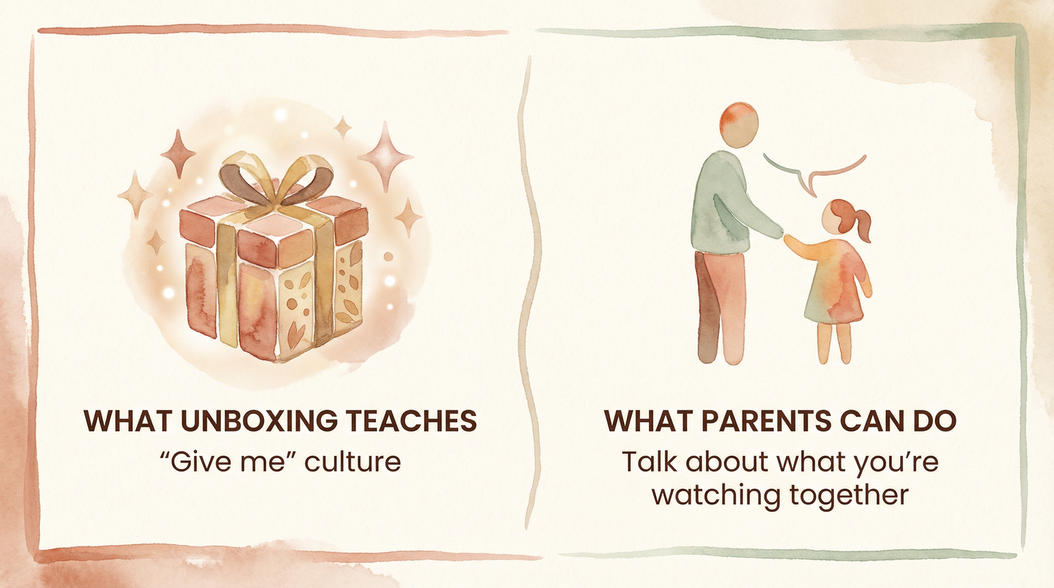 Two-panel comparison showing unboxing culture teaching wanting versus parents creating conversation opportunities