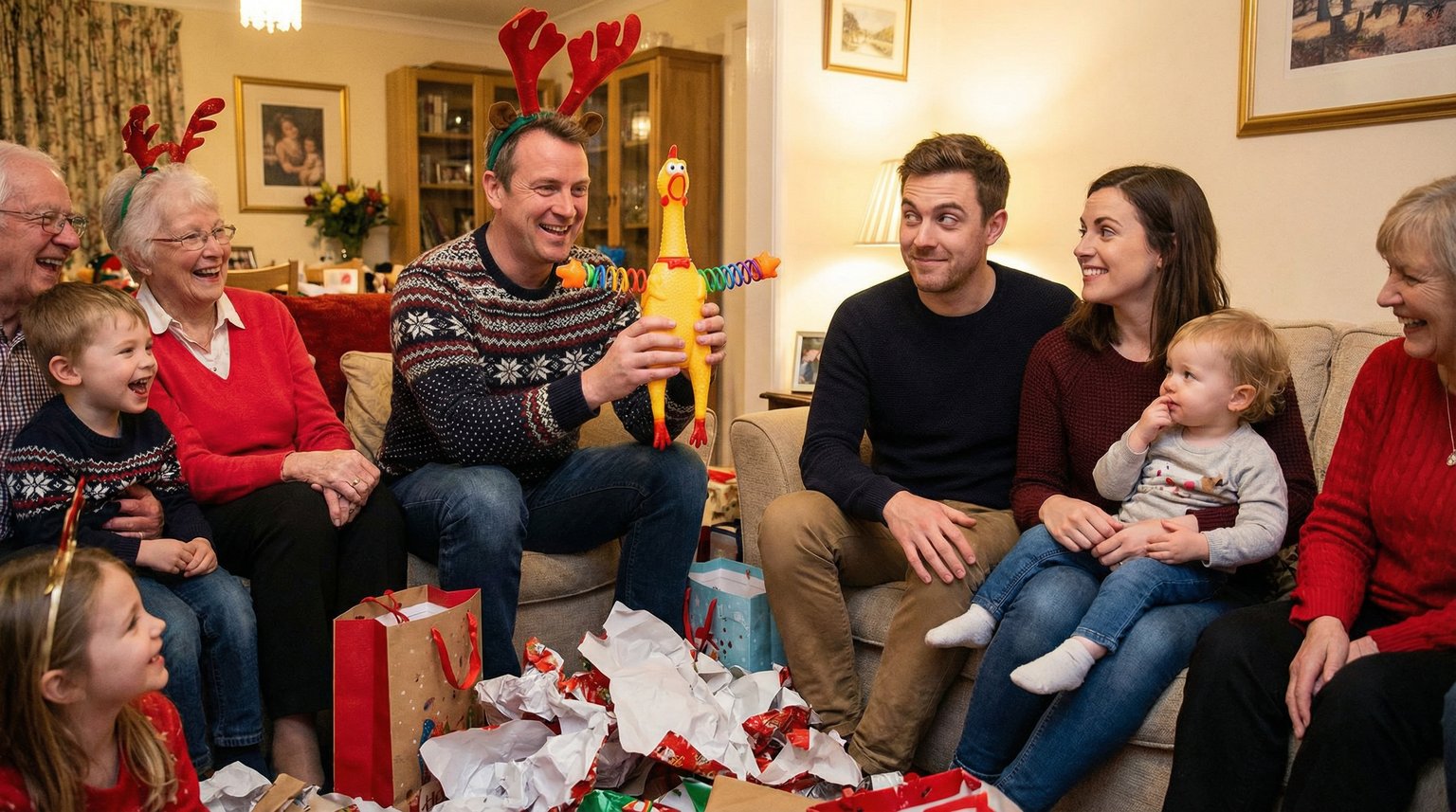 Extended family gift exchange with uncle holding questionable toy while parents exchange amused knowing glances