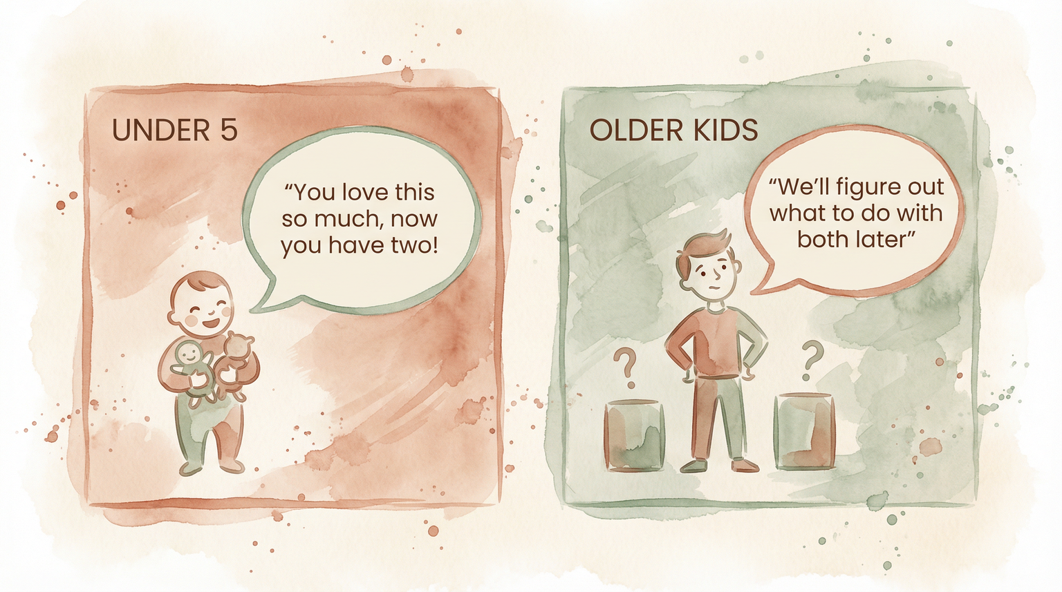 Comparison chart showing what to say about duplicate gifts for kids under 5 versus older kids