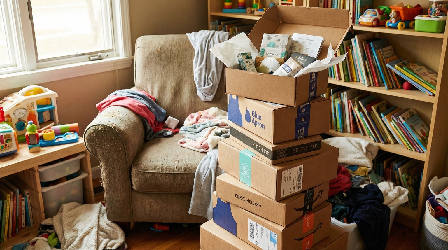 Several unopened subscription boxes stacked in corner of family room showing subscription fatigue