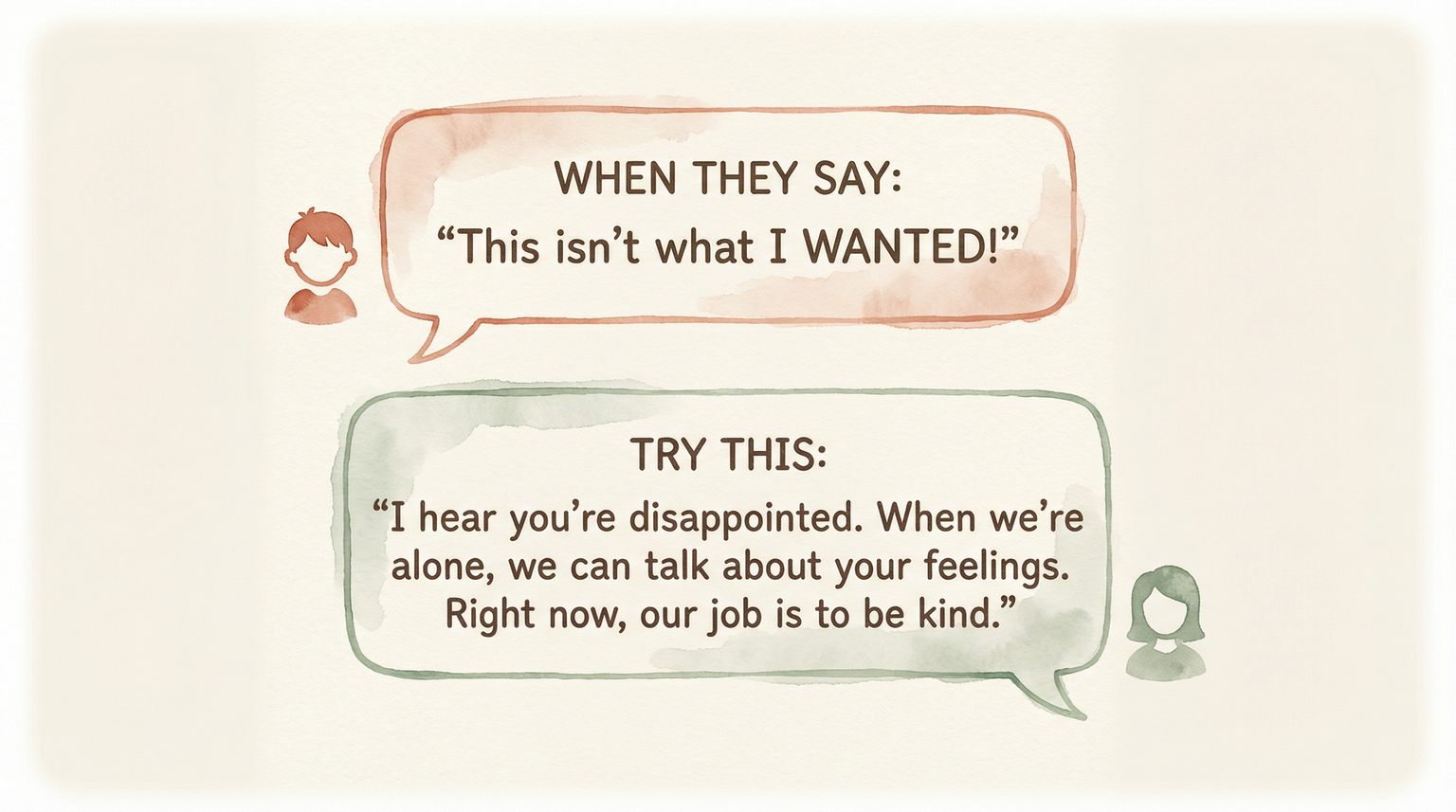Speech bubble illustration showing how to respond when child says this is not what I wanted