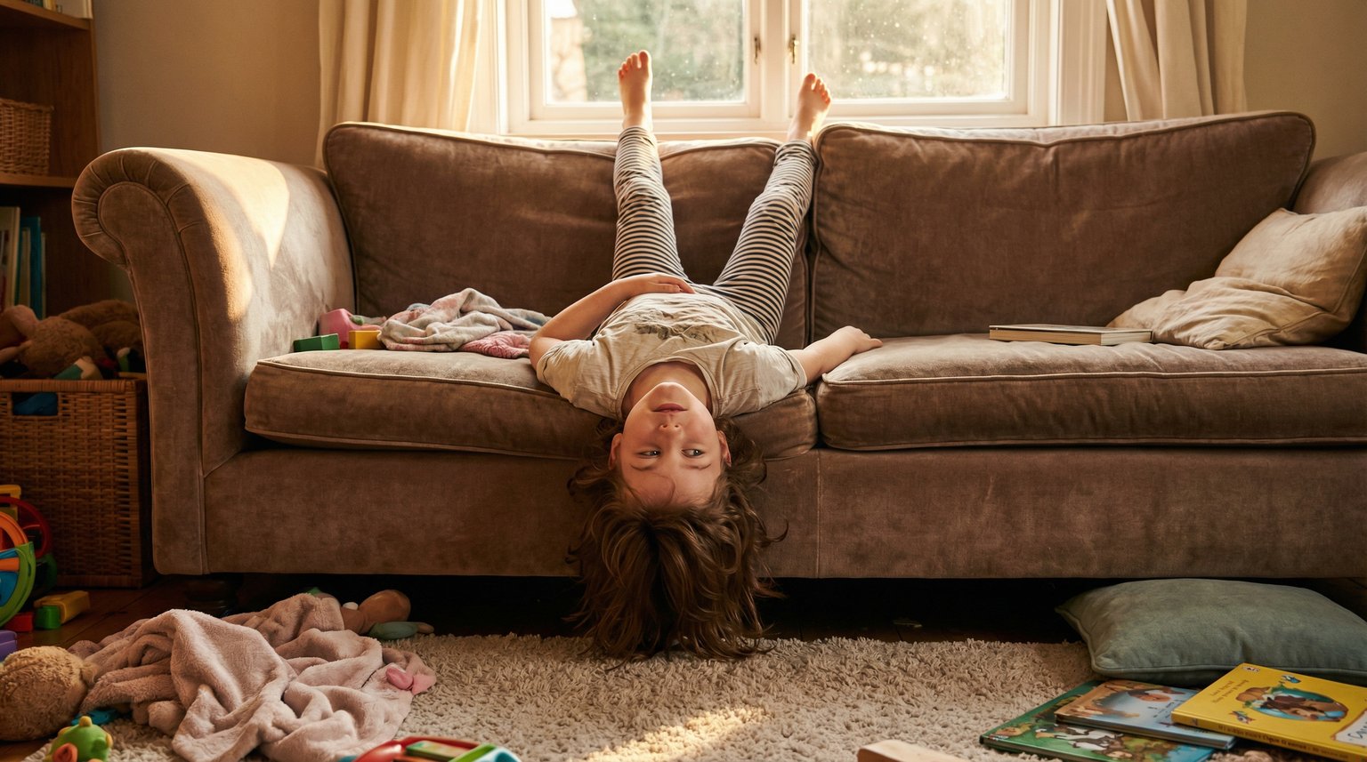 Child lying playfully upside down on couch with legs in air looking wonderfully bored