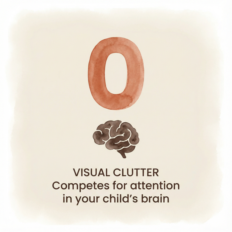 Stat box showing visual clutter competes for attention in child's brain