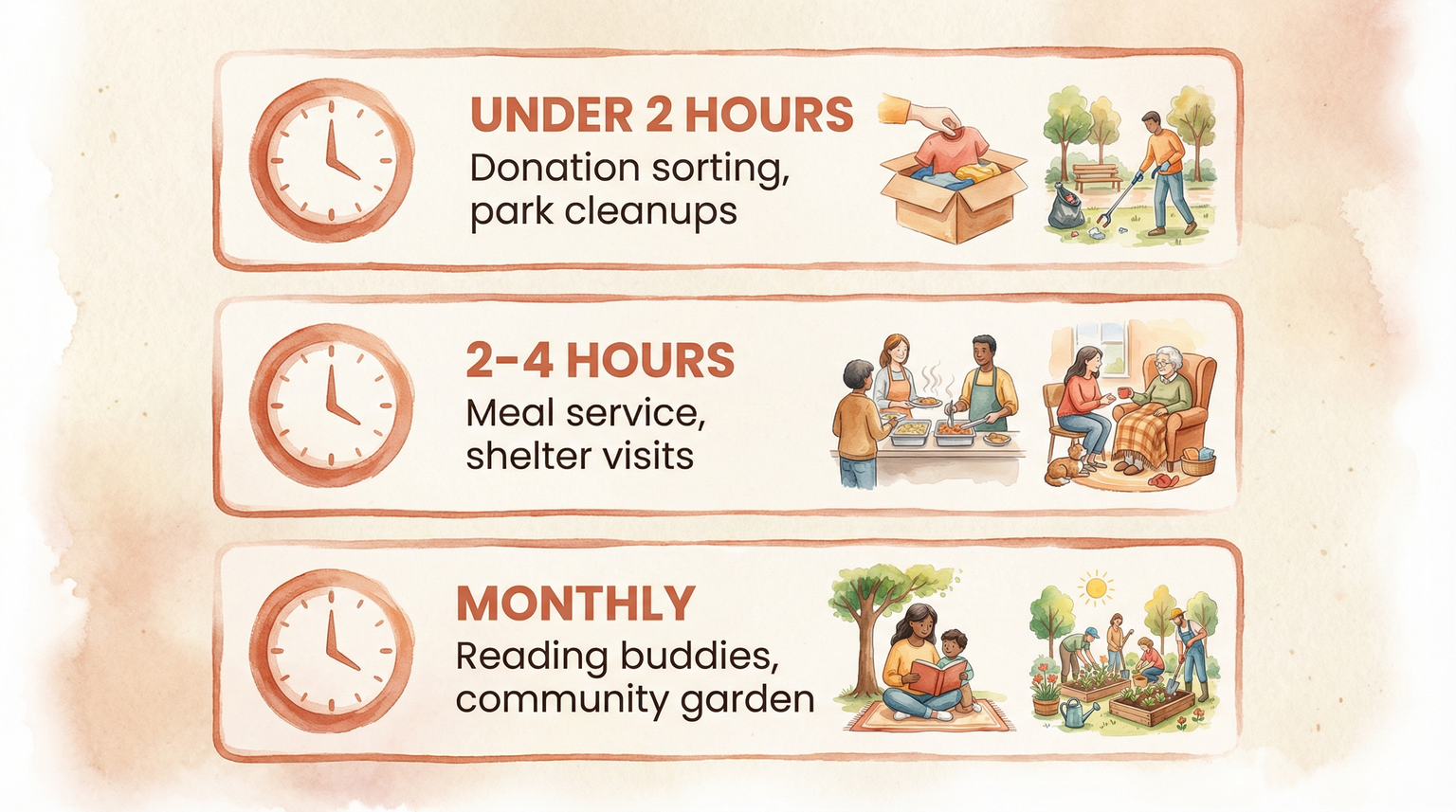 Infographic showing three time commitment levels for family volunteering with activity examples
