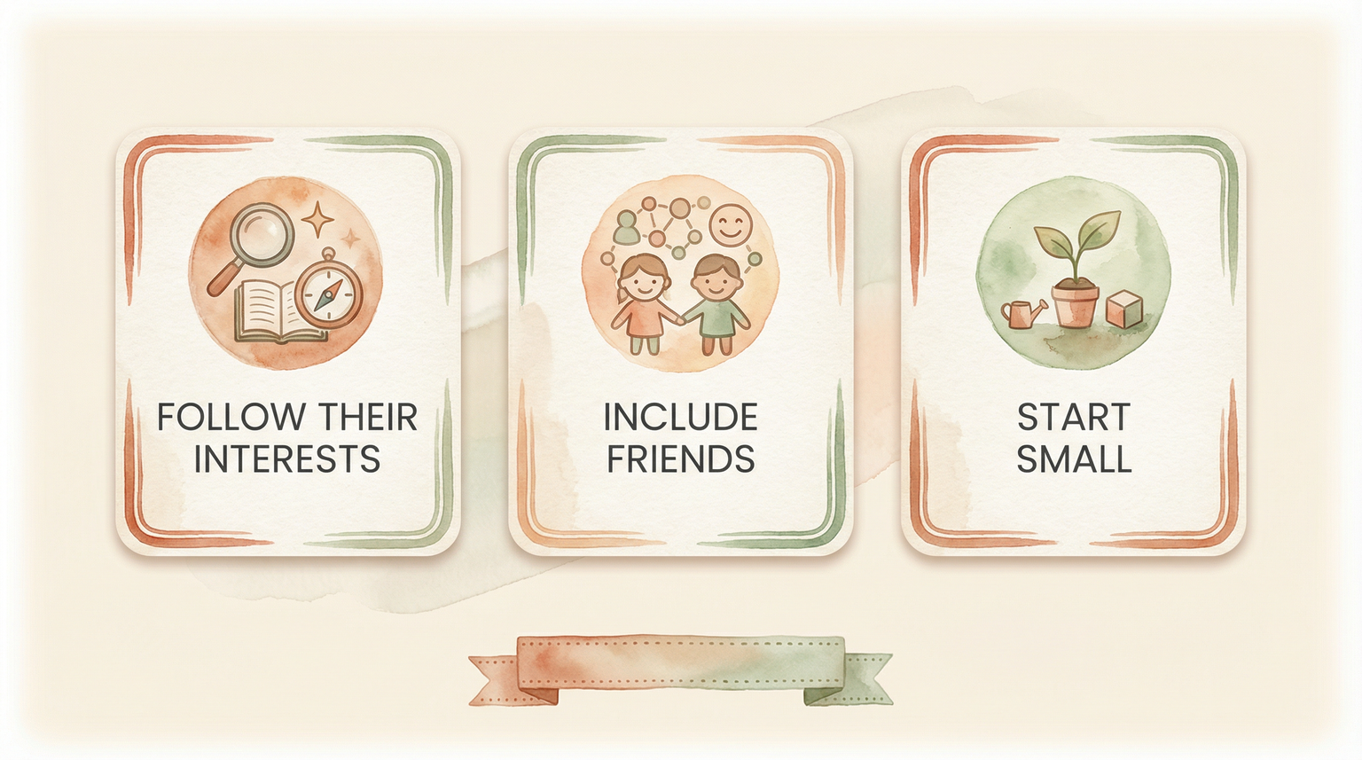 Infographic with three tips for engaging reluctant child volunteers: follow interests, include friends, start small