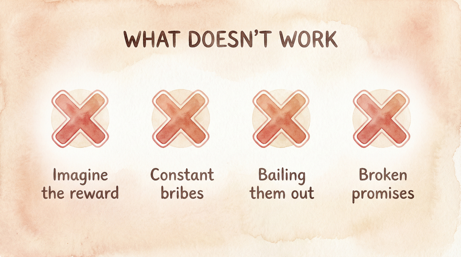 Four warning icons showing what doesn't work for teaching delayed gratification to children