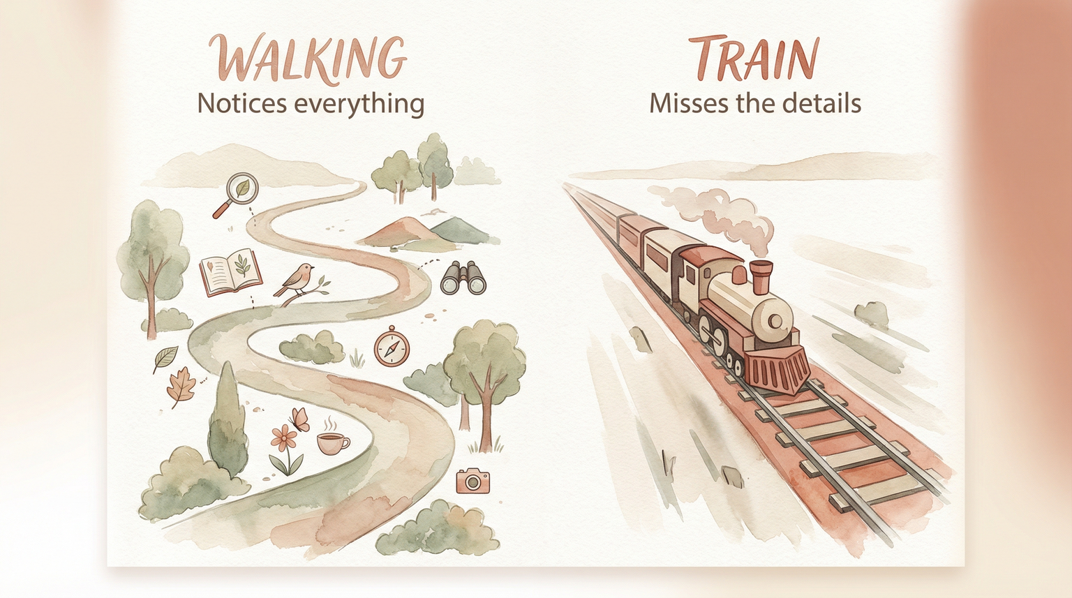 Watercolor illustration comparing winding walking path with detailed icons to straight direct train track