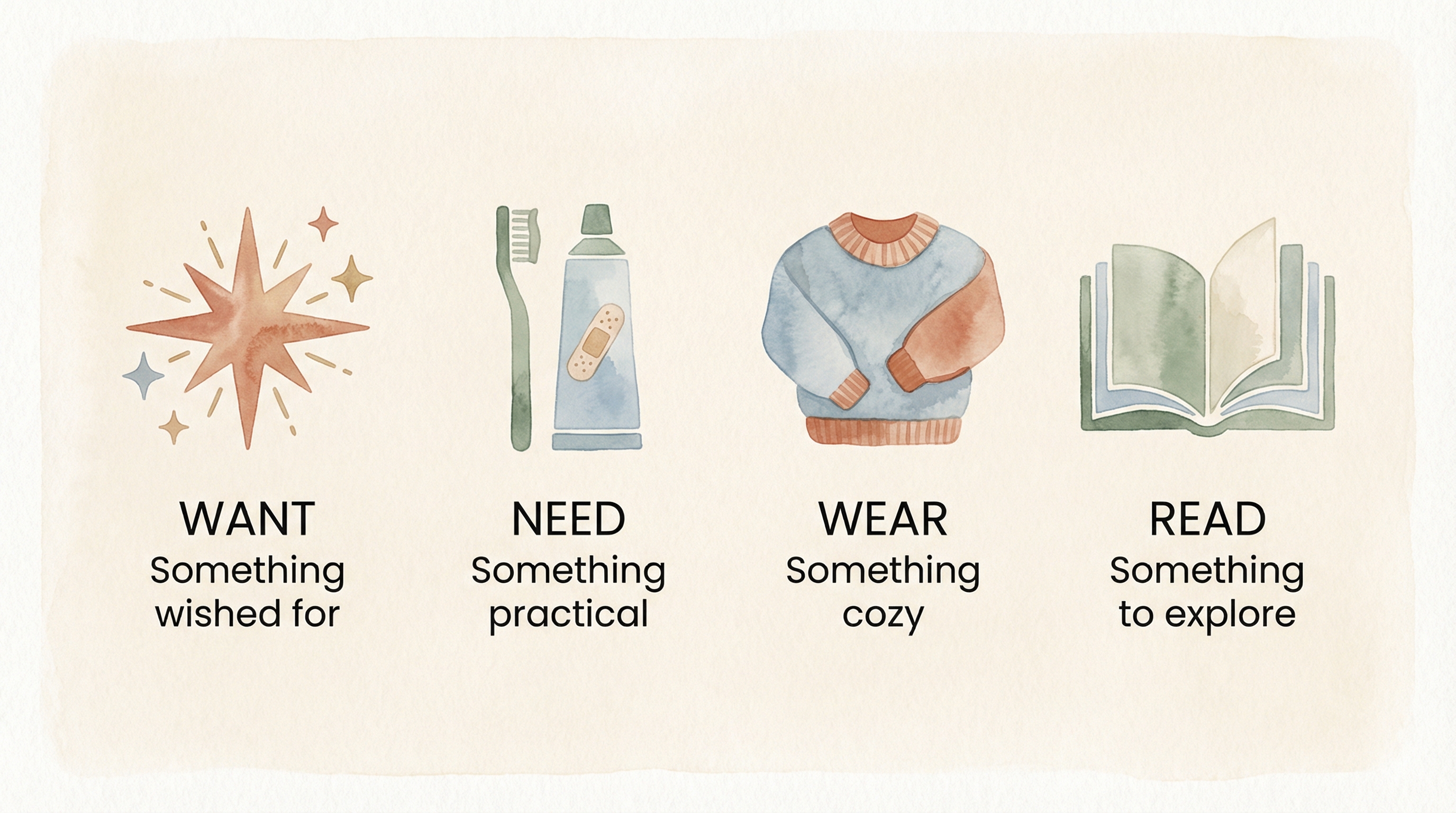 Four gift rule categories showing want need wear and read with simple icons