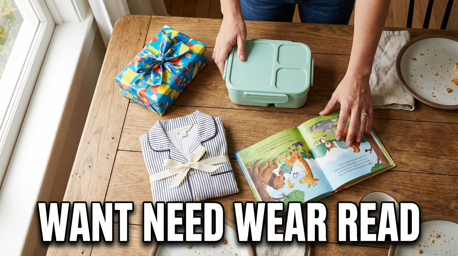 Four gift rule illustrated with icons representing want need wear and read categories