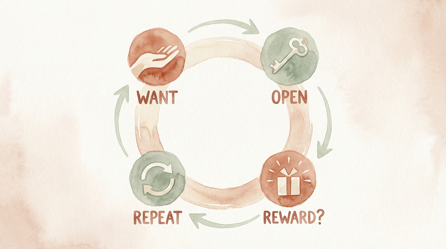 Circular diagram showing the dopamine loop of want, open, reward, repeat