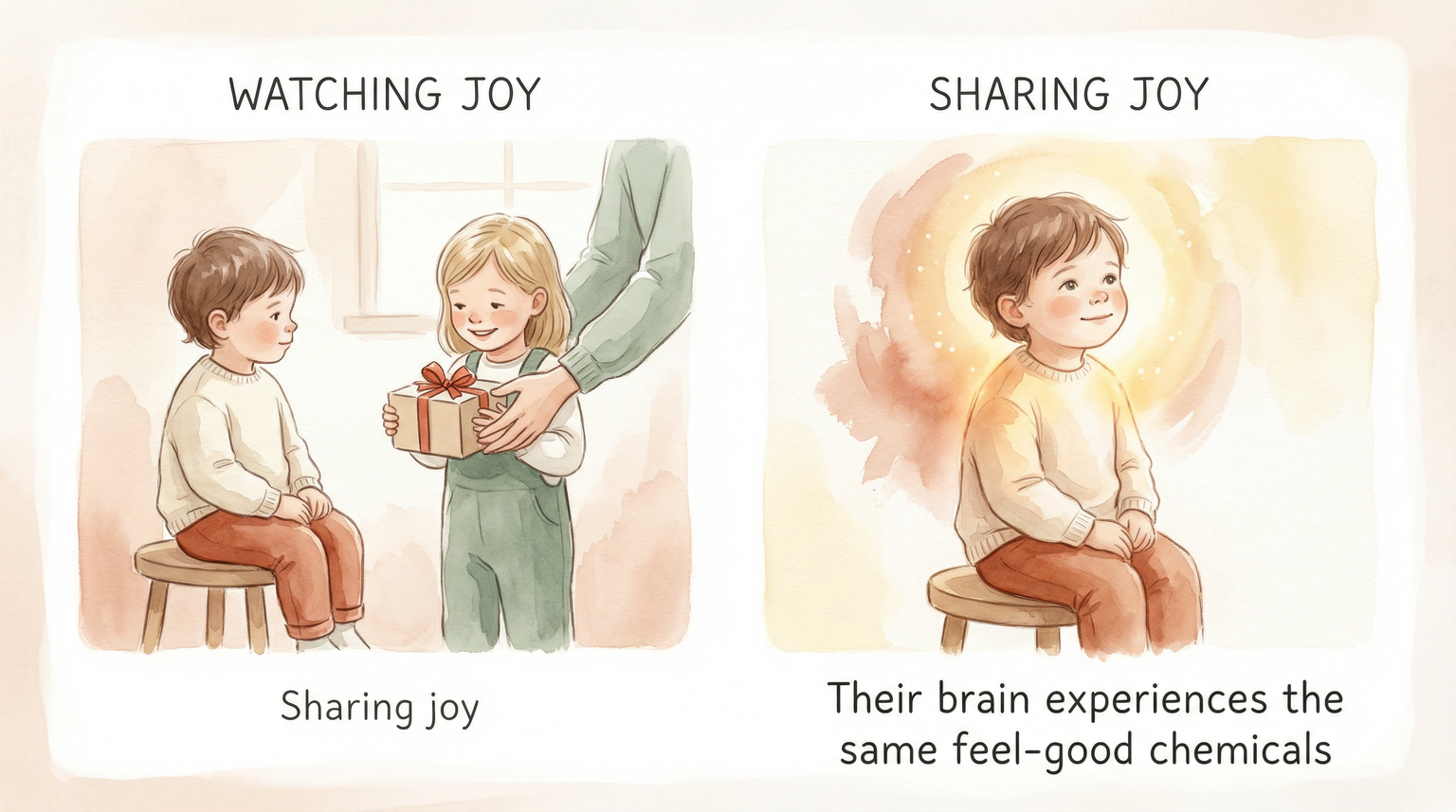 Before and after illustration showing child watching joy transforms into child sharing joy through brain chemistry