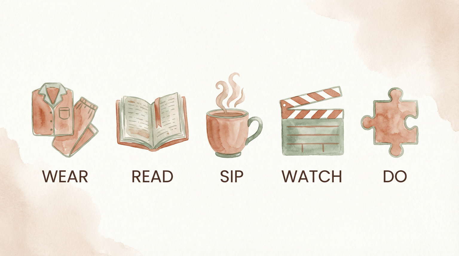 Five icons showing Christmas Eve box essentials: pajamas, book, mug, movie clapboard, puzzle piece