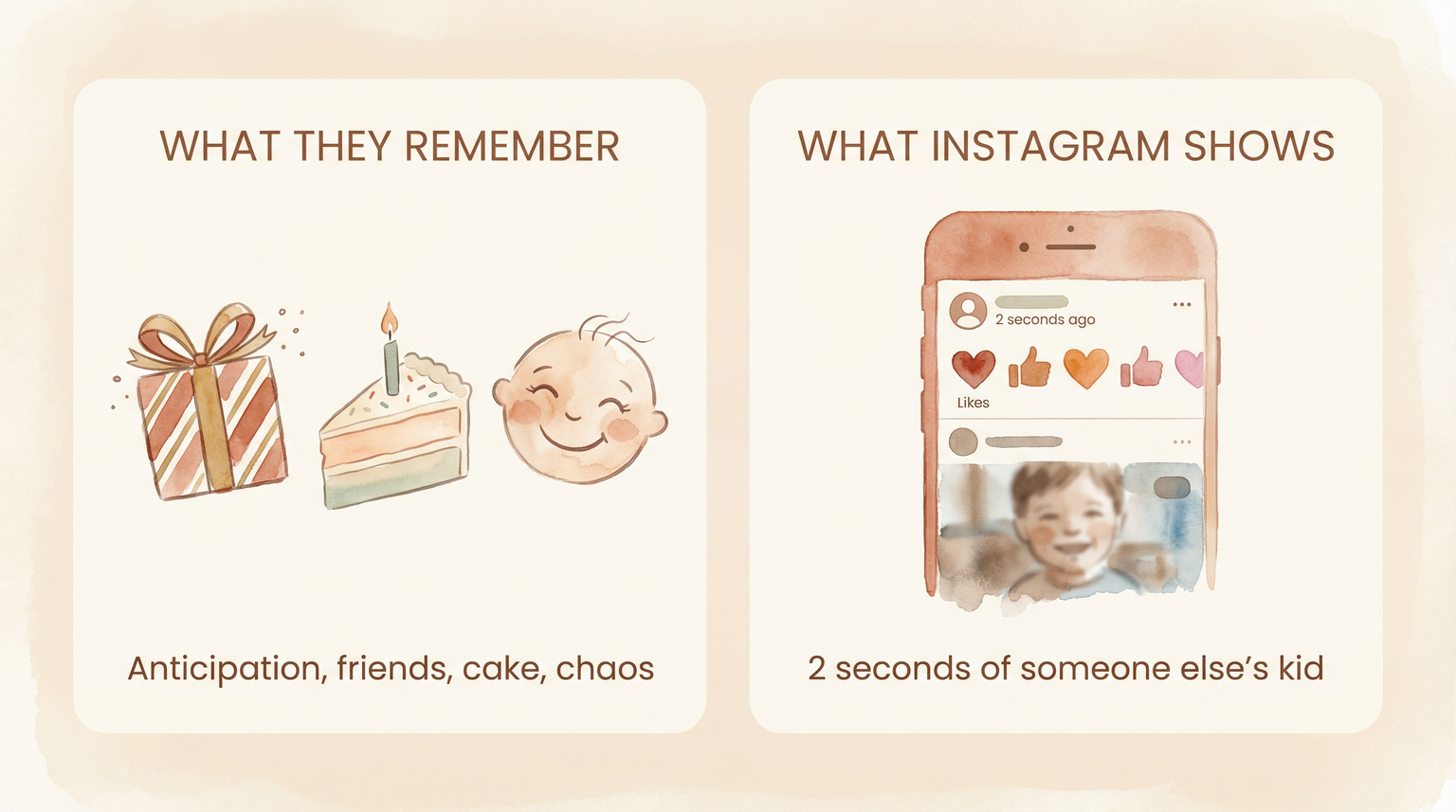 Comparison showing what kids remember versus what Instagram shows