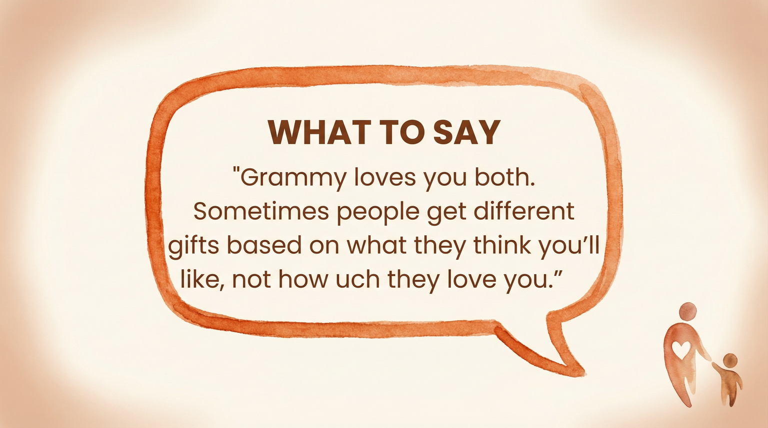 Speech bubble showing parent dialogue about Grammy loving both children equally