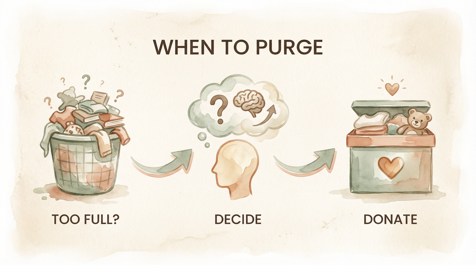 Three-step process flow showing when toys are too full, decide, then donate