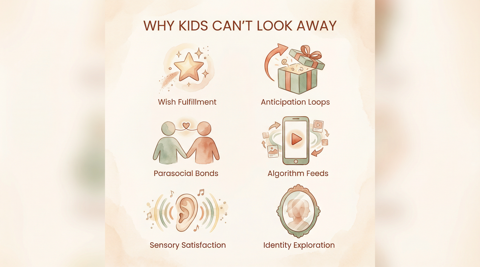 Infographic showing six icons representing why kids love unboxing videos including wish fulfillment, anticipation, and parasocial bonds