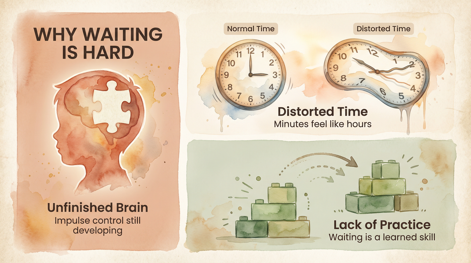 Infographic showing three reasons kids struggle to wait: unfinished brain, distorted time perception, and lack of practice