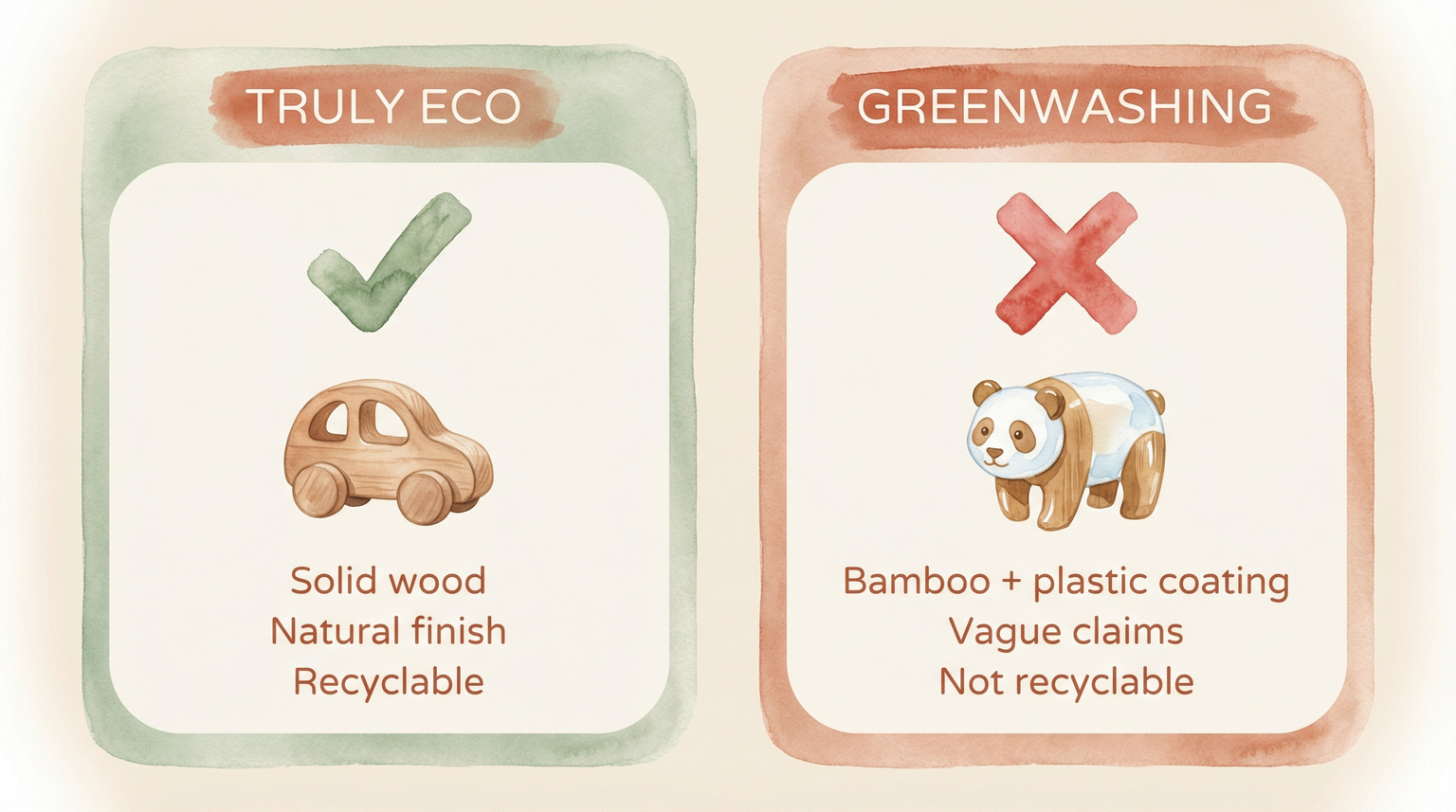 Two-panel comparison showing truly eco solid wood toys versus greenwashing bamboo toys with plastic coating