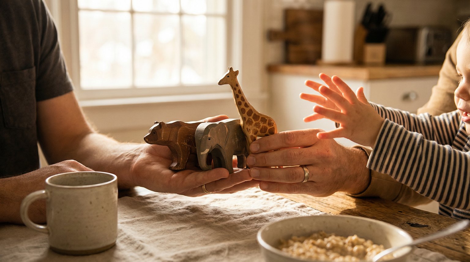 Parent hands holding well-loved wooden animal figures as young child reaches excitedly toward them