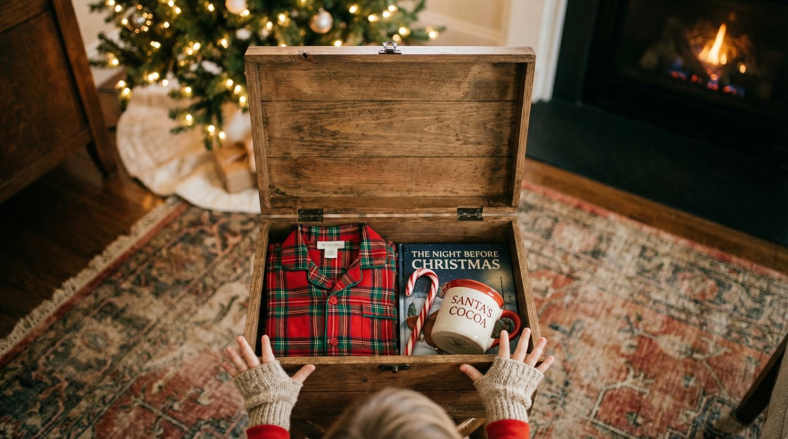 Overhead view of open wooden Christmas Eve box with pajamas, picture book, candy cane and mug inside
