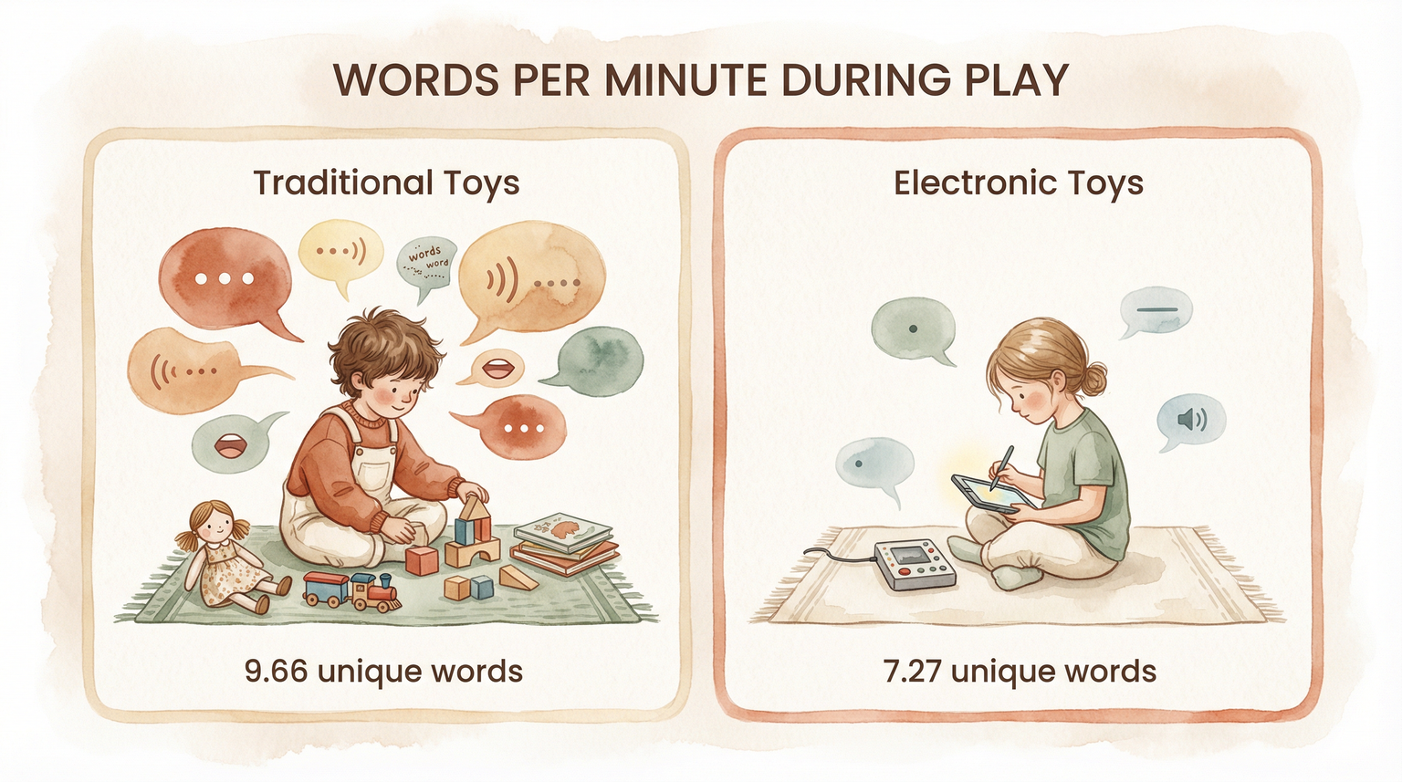 Comparison showing traditional toys produce 9.66 unique words per minute versus 7.27 for electronic toys