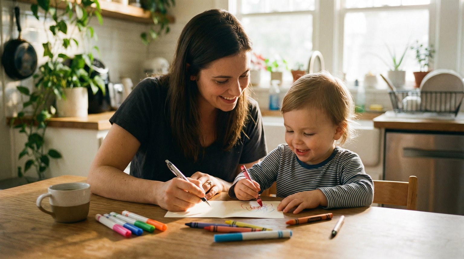 Parent and child writing thank-you notes together at kitchen table with colorful markers and stationery