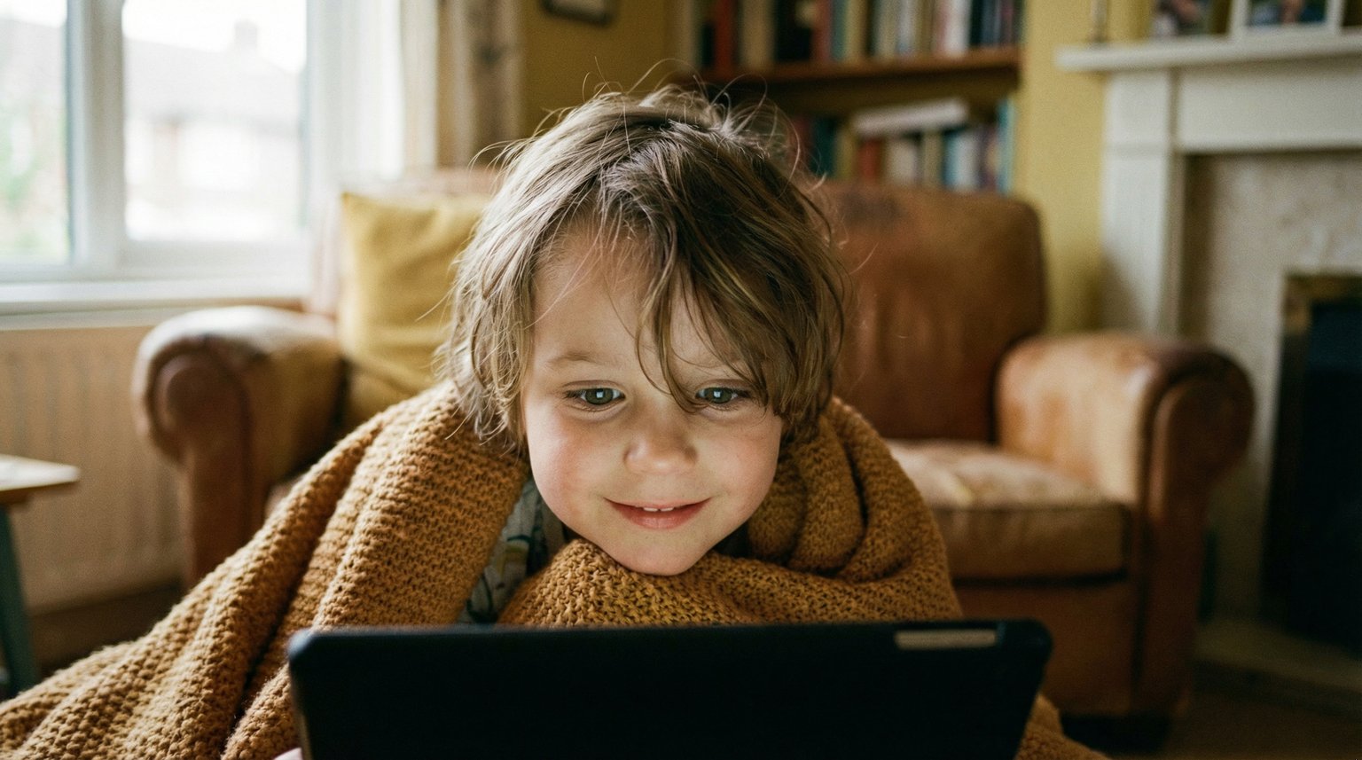Close-up of young child around age five watching tablet with complete trust and wonder in their eyes, soft natural lighting