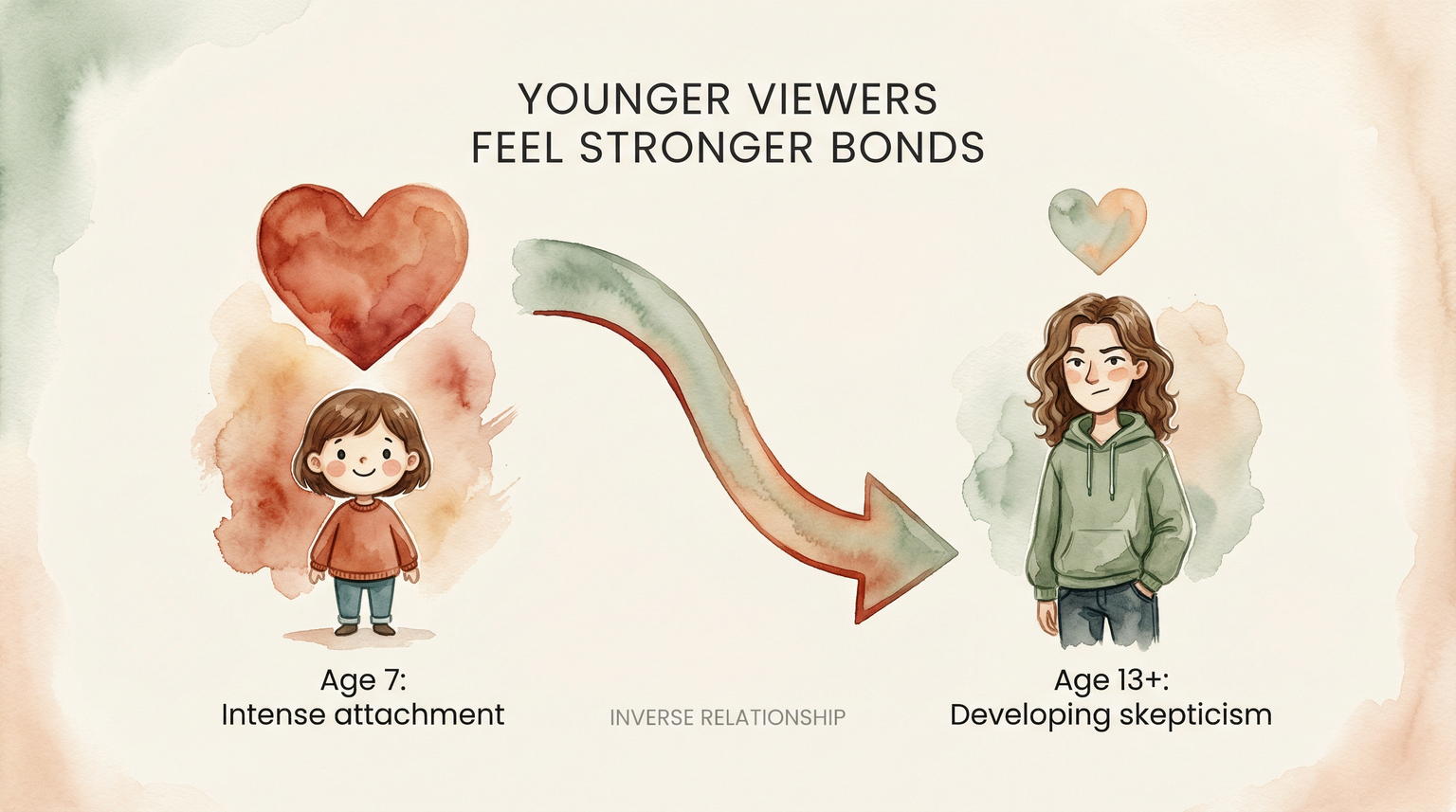 Infographic showing inverse relationship between age and parasocial bond intensity, younger children at age 7 feel stronger attachments than teens at age 13
