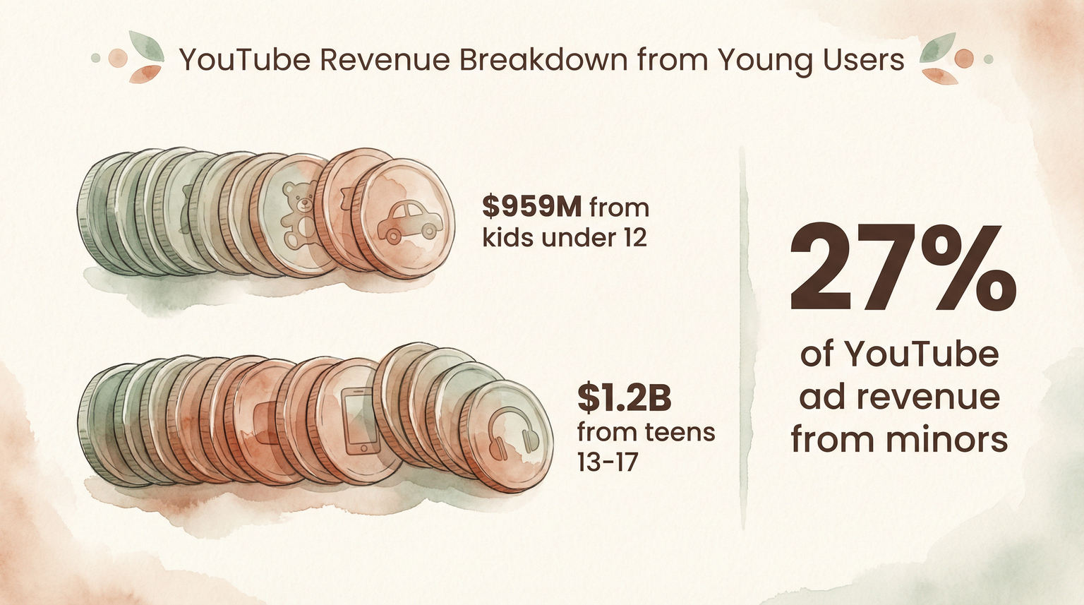 Infographic showing YouTube revenue breakdown with 959 million from kids under 12 and 1.2 billion from teens