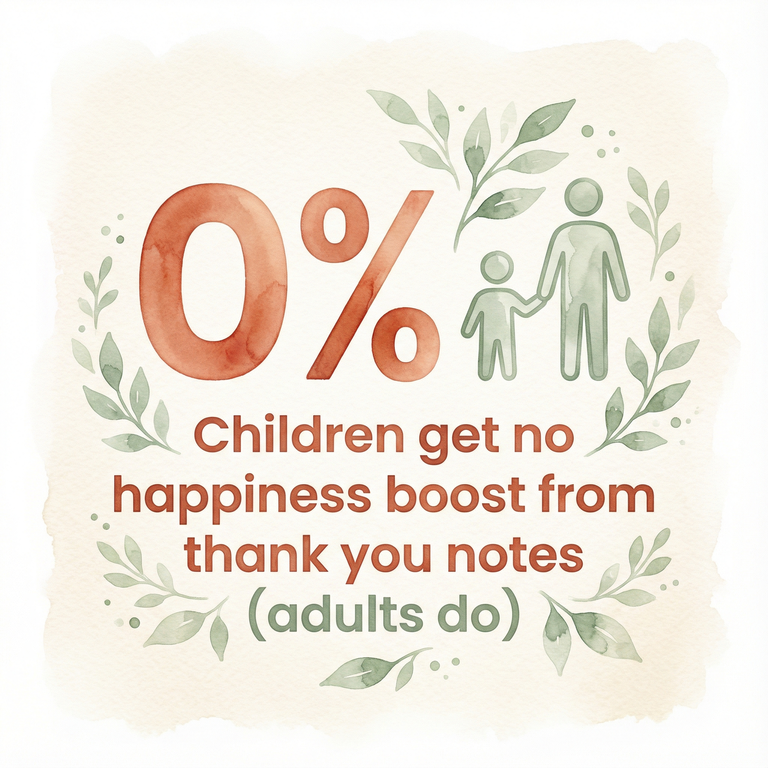 Stat showing children get zero percent happiness boost from writing thank you notes while adults benefit significantly
